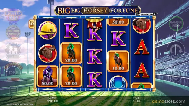 A 5x4 slot game grid titled BIG BIG HORSEY FORTUNE shows a racing-themed layout with jockey symbols, card letters, and a racecourse background.