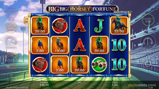 A 5x3 slot grid titled BIG BIG HORSEY FORTUNE shows jockey symbols with cash values, a saddle, binoculars, and playing card letters A, J, and 10.