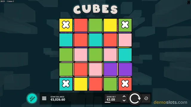 A 5x5 grid of colorful, block-like cube symbols is displayed on a dark background with the title 'CUBES' above the reels and a demo balance of €5,026.60 at the bottom.