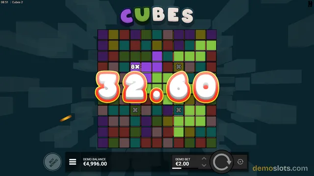 A slot game grid filled with colored cubes displays a win amount of 32.60 in large white numerals over the center of the board.