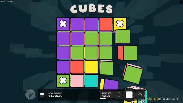 A slot game screen titled 'CUBES' showing a 5x5 grid of colored blocks in purple, green, red, yellow, pink, and cyan, with some blocks featuring white 'X' marks.