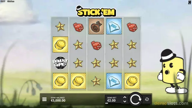 A cartoon-style slot game grid showing a 5x4 layout with symbols including stars, dice, money bags, coins, and diamonds.