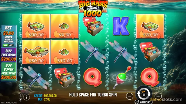 A Big Bass Bonanza 1000 slot game screenshot shows an underwater fishing-themed reel grid with various fish symbols, tackle boxes, and playing card letters.