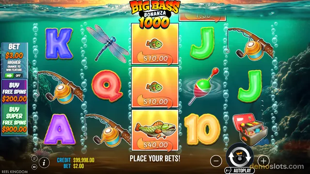 A 5x3 underwater-themed slot game titled Big Bass Bonanza 1000 shows a fishing scene with various symbols and a partially visible bonus area.