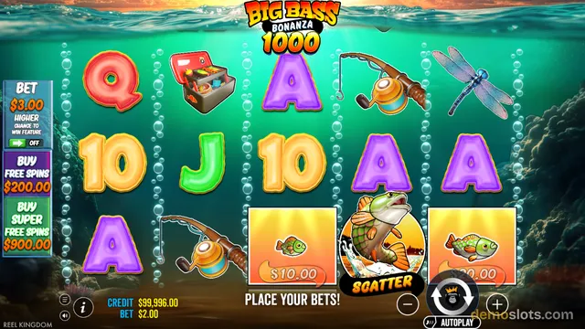 A 5x3 slot game titled Big Bass Bonanza 1000 shows an underwater fishing scene with a Q, a red tackle box, an A, a fishing rod, a dragonfly, a 10, a J, and a scatter symbol of a bass fish.