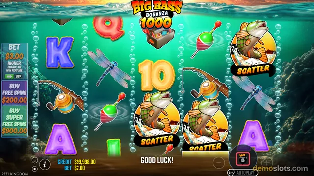 A slot game titled Big Bass Bonanza 1000 shows a 5x3 grid with fishing-themed symbols, including three fish scatters, and a 'GOOD LUCK!' message at the bottom.