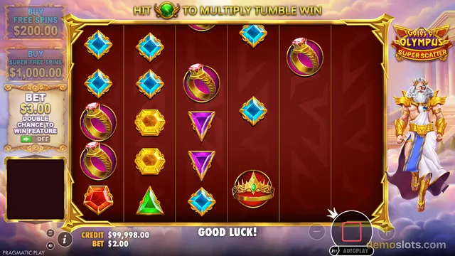 A 5x5 slot game grid is fully rendered with various symbols, flanked by a Greek god character on the right and bet controls on the left.