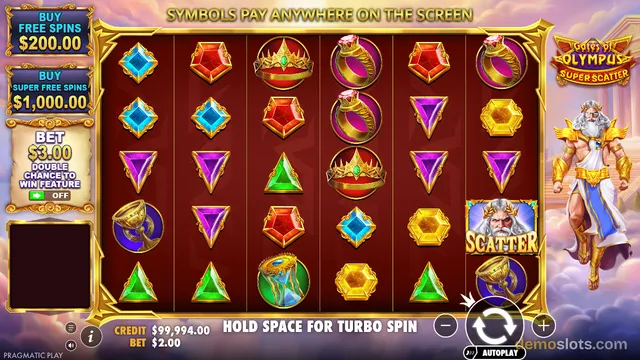 A slot game screen showing a 6x5 grid of mythological-themed symbols with a bearded god character on the right side.