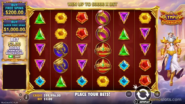 A slot game screen titled Gates of Olympus Super Scatter displaying a 6x5 grid of symbols with a Zeus character on the right and betting controls on the left.