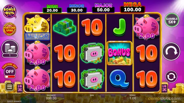 5-reel slot game with pink pig characters holding money symbols on dark purple background with golden frame.