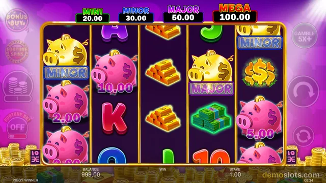5-reel slot with mix of symbol types including gold pig characters, treasure chest, money stacks and playing cards.