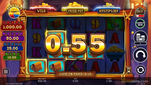 A 5x3 slot game grid shows a win of 0.55 with a large 0.55 win display in the center, and a line win banner at the bottom.