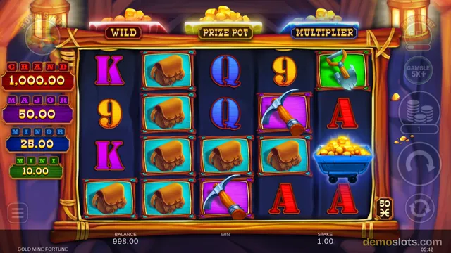 A 5x4 slot game grid showing mining-themed symbols with jackpot labels and a bottom betting bar.