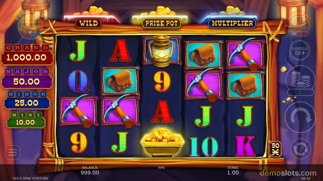 A 5x4 slot game grid titled Gold Mine Fortune shows a mining theme with symbols including a lantern, pickaxes, pouches, gold nuggets, and letter symbols.