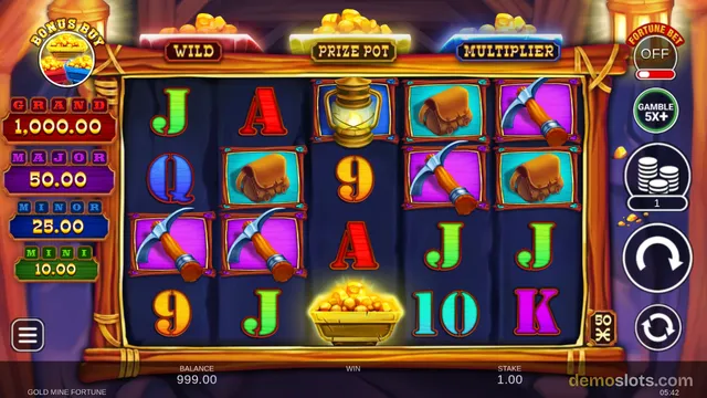 A 5-reel slot game grid shows a mining-themed scene with symbols including pickaxes, lanterns, pouches, and gold nuggets, surrounded by jackpot and feature panels.