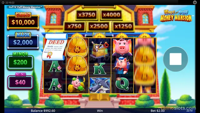 A 5-reel slot game titled Huff N' Puff Money Mansion shows a bright cartoon scene with a house and jackpot values, with a settled reel grid and a round spin button.