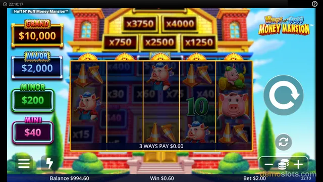 A 5-reel, 3-row slot game titled Huff N' Puff Money Mansion shows a winning combination of pig and traffic cone symbols, with jackpot values displayed on the left and multiplier values on the mansion above the reels.