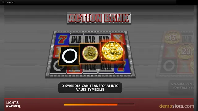A slot game titled ACTION BANK shows a 5-reel grid with symbols including a black circle, gold vault coins, BARs, 7s, and Xs.