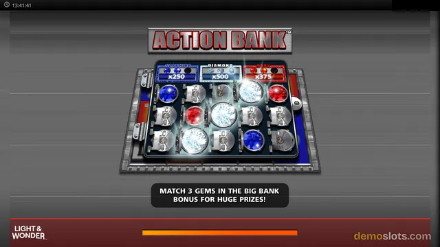 A slot game titled ACTION BANK shows a 4x4 grid of gem and safe symbols with multipliers at the top.