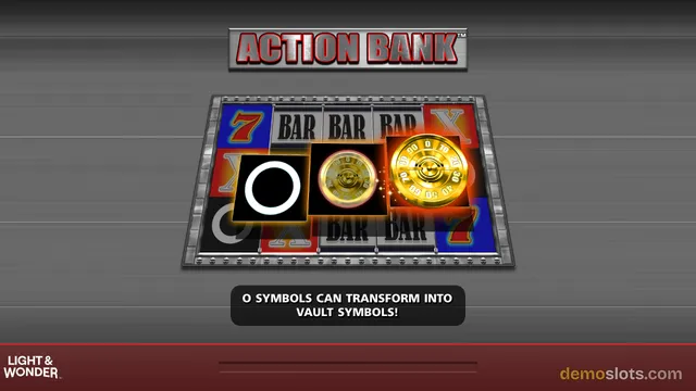 A slot game grid titled ACTION BANK shows a central row of three special symbols with a black circle, a gold vault symbol, and a glowing gold vault symbol, surrounded by classic BAR and 7 symbols.