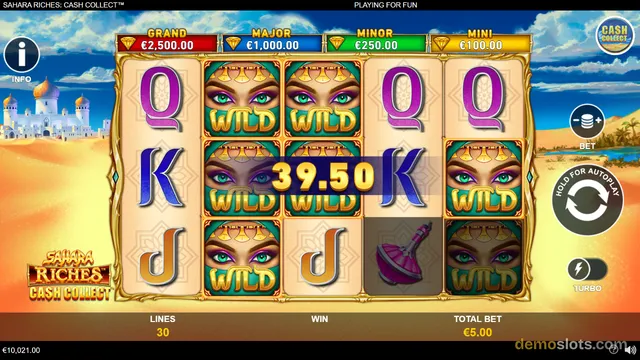 A 5x3 slot grid titled Sahara Riches: Cash Collect shows a winning spin with a 39.50 win banner, wild symbols filling several positions, and a jackpot ladder at the top.