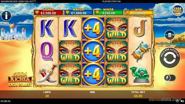 A 5x3 slot game grid titled Sahara Riches: Cash Collect displays reels with K, Q, J, wild symbols, +4 coin symbols, and themed icons like a dagger, hourglass, and green statue.
