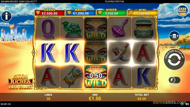 A 5x3 slot grid titled Sahara Riches Cash Collect is fully rendered, showing a mix of letter symbols, wilds, and Middle Eastern-themed icons with a win of 1.50.