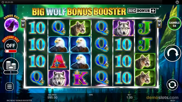 A slot game screen displaying a 5 by 4 grid of symbols including wolves, eagles, and playing card values against a green forest background.