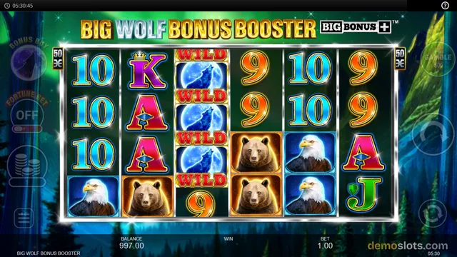 A screenshot of the Big Wolf Bonus Booster slot game showing a 5x4 grid of symbols with a full column of wild wolf symbols in the center and a win displayed on the bottom bar.