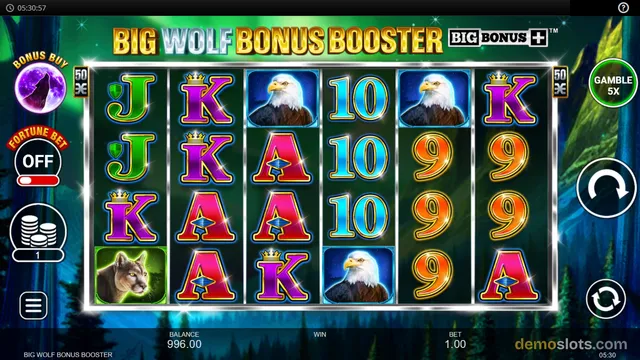 A screenshot of the Big Wolf Bonus Booster slot game showing a 5x4 grid of symbols including eagles, a cougar, and playing card letters, with a balance of 996.00 and a bet of 1.00.