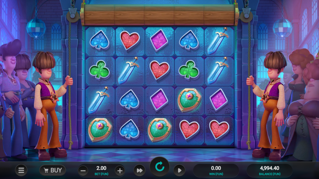 A 5x4 slot game grid with cartoon-style characters standing on either side, showing various gemstone and weapon symbols.