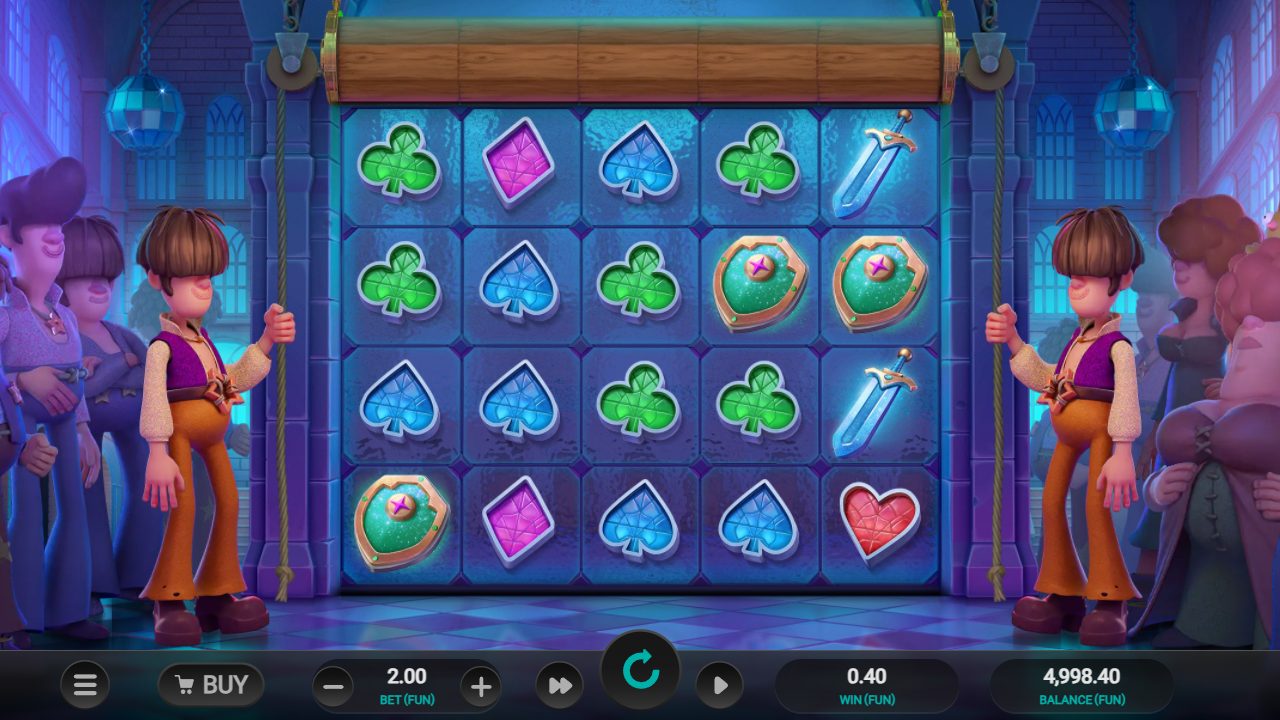 A 5x4 slot grid with colorful gem-like symbols is set in a blue-toned medieval castle room, flanked by cartoon characters.