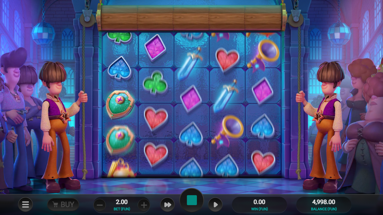 A 5x5 slot grid with gemstone symbols sits between two cartoonish male characters pulling ropes, with a blue-toned castle interior background.