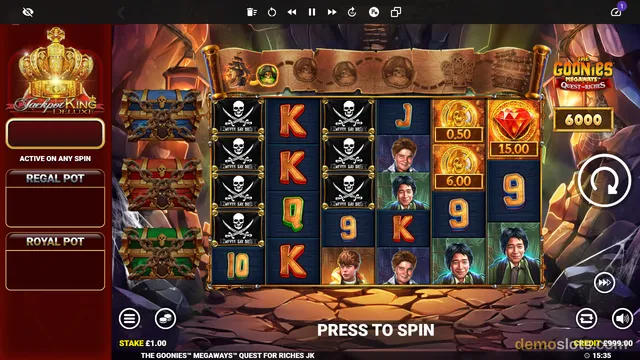 A pirate-themed slot game titled The Goonies Megaways Quest for Riches JK showing a 6-reel grid with various symbols on a dark background.