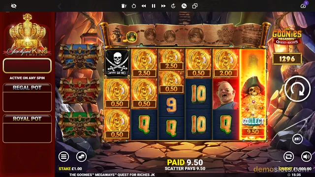 A screenshot of a 6-reel pirate-themed slot game showing a winning spin with a 'Collect' feature triggered on the final reel and a 'Jackpot King Deluxe' sidebar on the left.