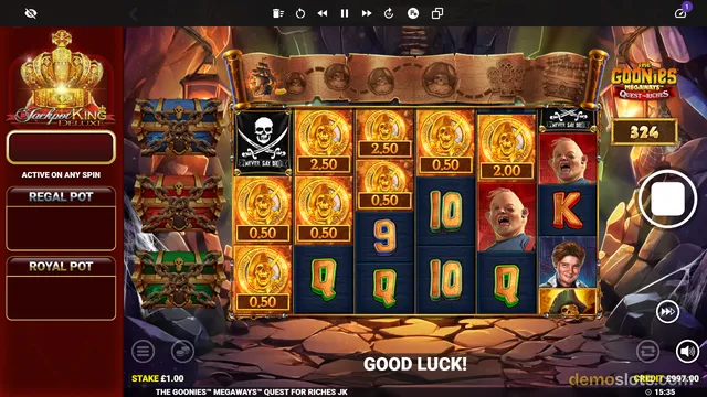 A screenshot of a pirate-themed online slot game featuring a 5-reel grid with cartoon characters, skull coins, and treasure chests.