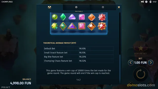 A game info overlay titled 'PAYTABLE' is open over a slot machine, displaying a grid of gem symbols and a table of RTP values for different bet types.