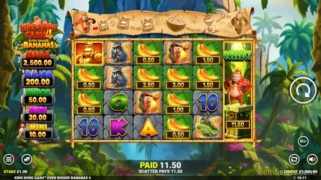 A jungle-themed slot game screen showing a 5x4 grid of symbols with a win amount of 11.50 displayed at the bottom.