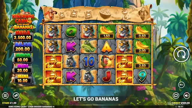 A jungle-themed slot game grid showing a settled state with various animal and card symbols, alongside a side panel listing different win tiers.