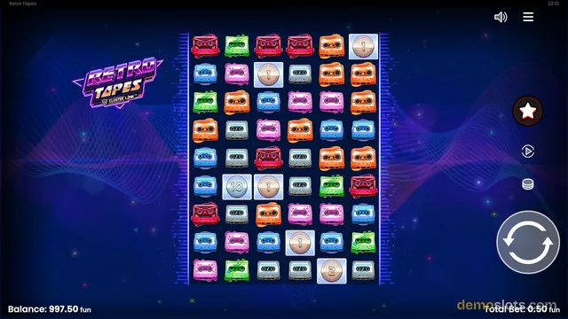 A fully rendered screen of the slot game Retro Tapes displaying a settled 6 by 7 grid of cassette tape symbols and coins.