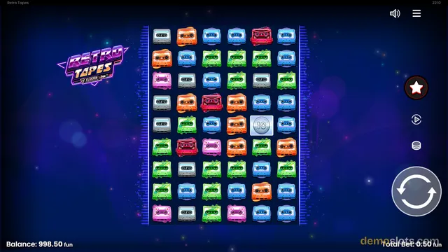 A brightly rendered slot game grid filled with colorful cassette tapes against a dark blue background.