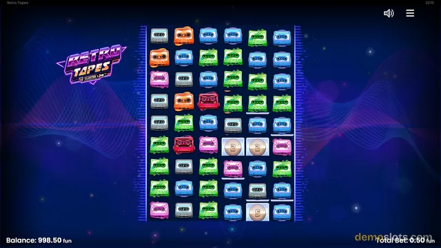 A screenshot of the Retro Tapes slot game showing a 6x8 grid of colorful cassette tape symbols and coin symbols on a dark blue background.