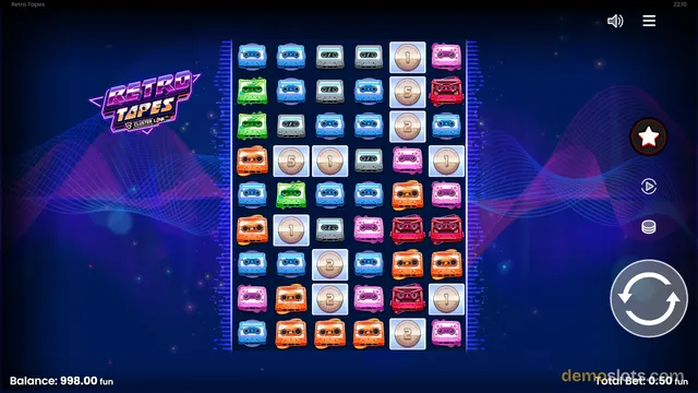 A brightly rendered 8-row by 6-column slot grid filled with colorful cassette tape symbols and coins, with a game logo on the left and a large spin button on the right.
