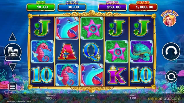 A 5x3 underwater-themed slot game grid with symbols including a dolphin, seahorse, turtle, starfish, and letter symbols, with jackpot values displayed above.