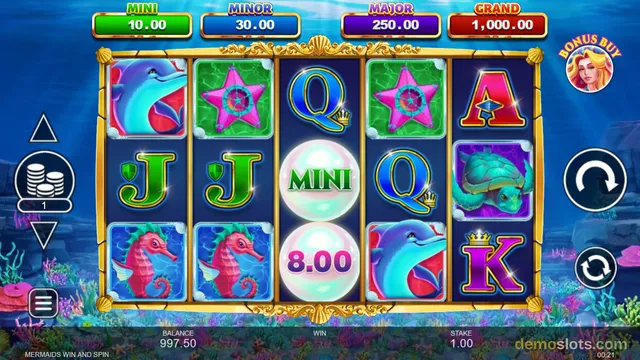 Underwater-themed slot game with a 5x3 grid showing symbols including a dolphin, starfish, seahorse, turtle, and letters, with jackpot values displayed at the top.