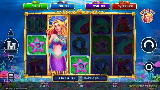 A 5-reel slot game titled MERMAIDS WIN AND SPIN shows an underwater scene with a mermaid wild symbol occupying the second reel, surrounded by various ocean-themed symbols.
