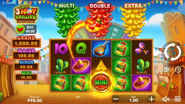 A slot game titled Super 3 Hot Chilles Hold and Win shows a 5x3 grid with chili-themed symbols, three large chili clusters above labeled MULTI, DOUBLE, and EXTRA, and a glowing MINI bonus symbol on the grid.