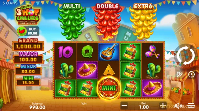 Base game of Super 3 Hot Chills with a 5x3 grid of symbols including a guitar, cactus, maracas, and sombrero, surrounded by chili pepper decorations and jackpot labels.