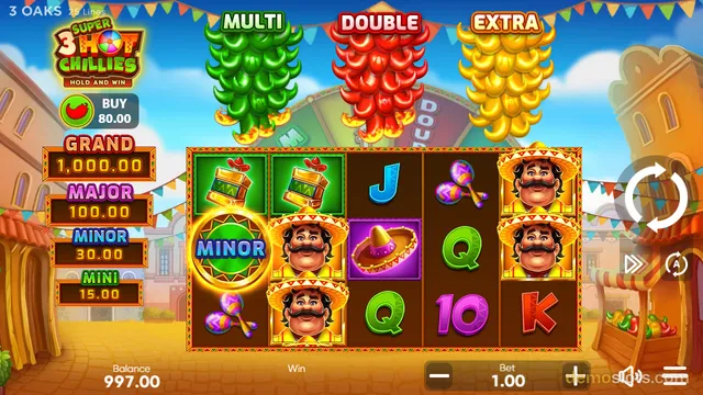 A 5x3 slot game titled Super 3 Hot Chilles Hold and Win shows a fully rendered base game grid with chili-themed symbols and jackpot values.