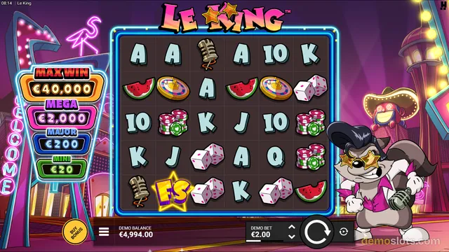 A brightly lit slot game grid displaying a settled combination of symbols including a watermelon, dice, and an 'FS' icon, with a cartoon wolf character on the right.